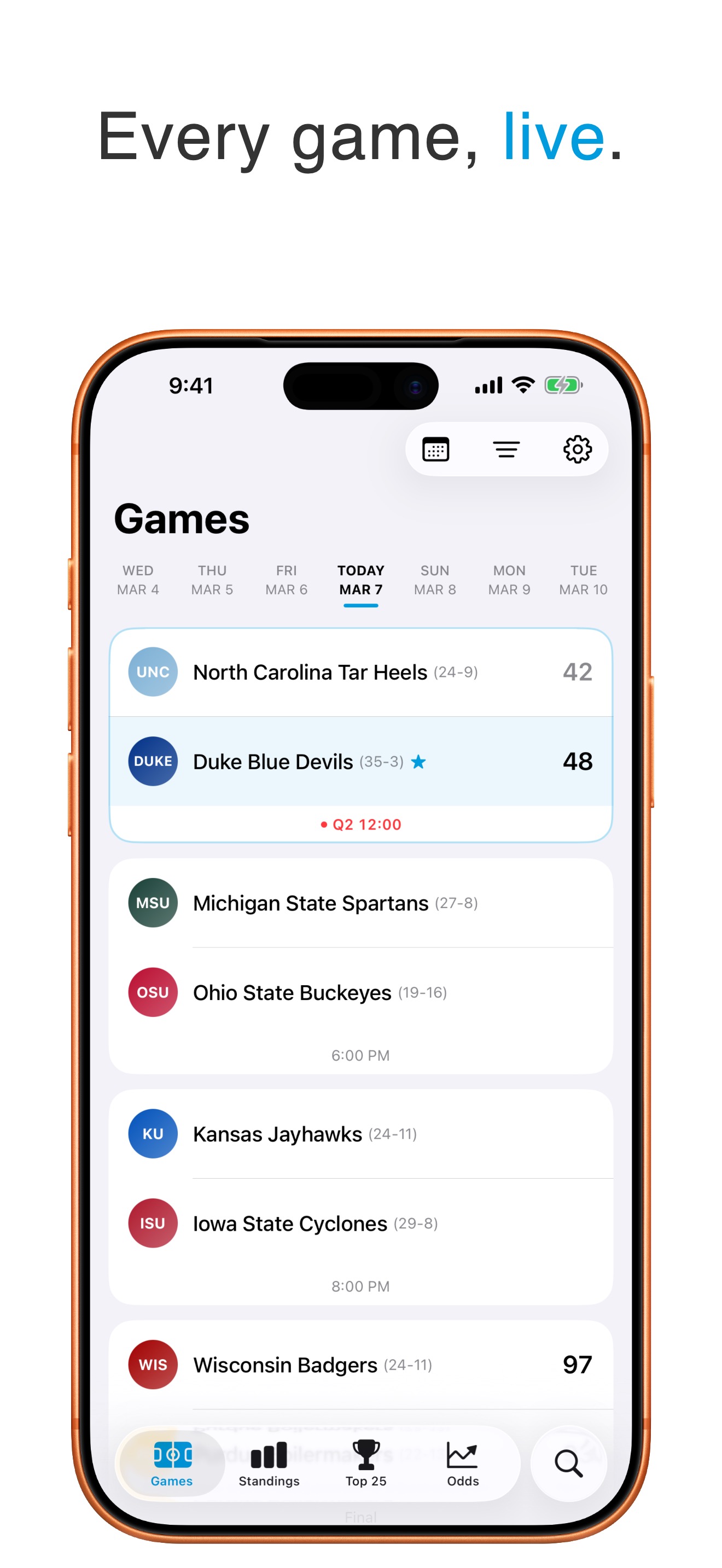 Every game, live. Games tab showing today's live matchups and upcoming tip-offs.