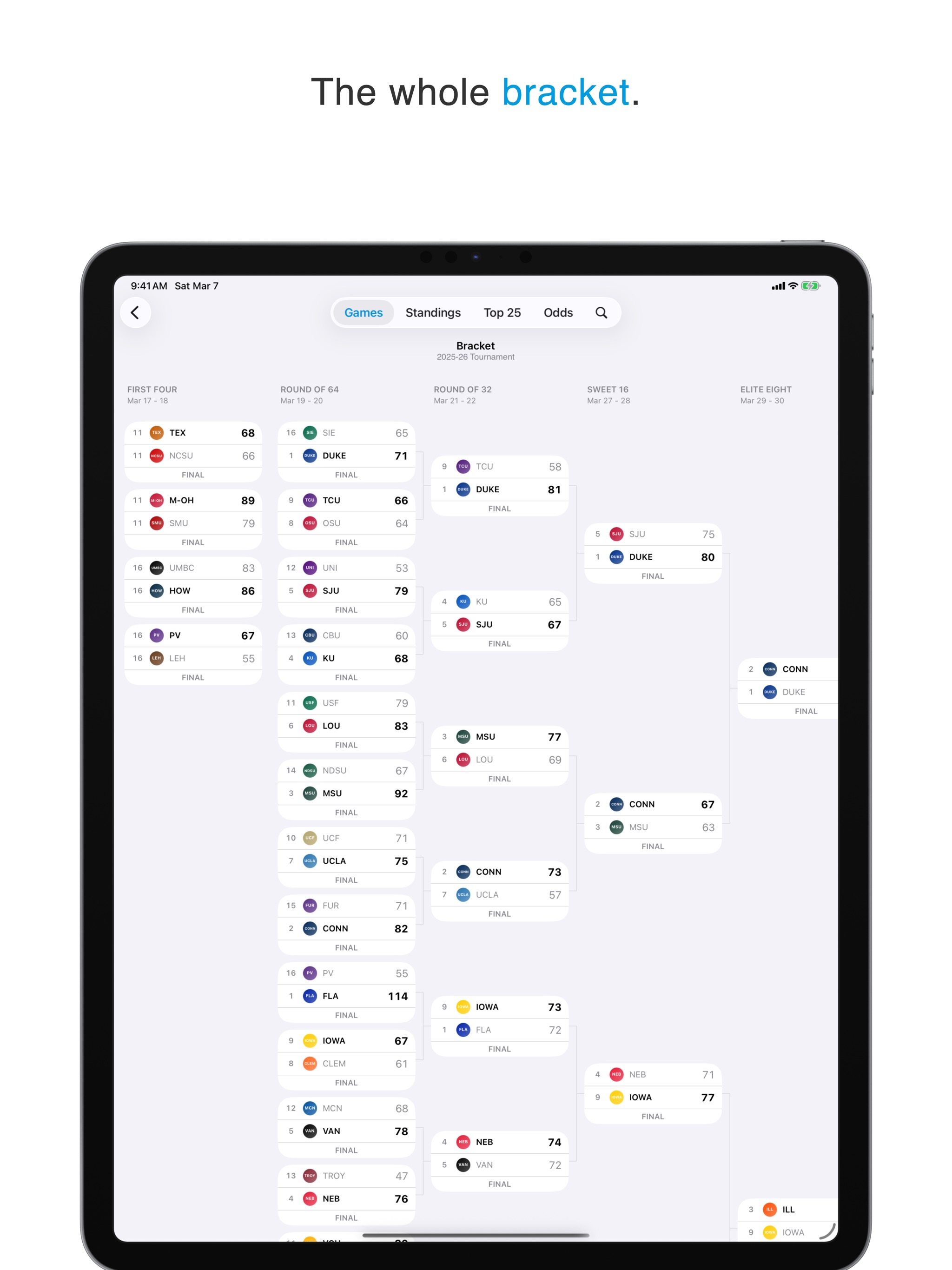 The whole bracket on iPad. First Four through the Elite Eight visible at once.