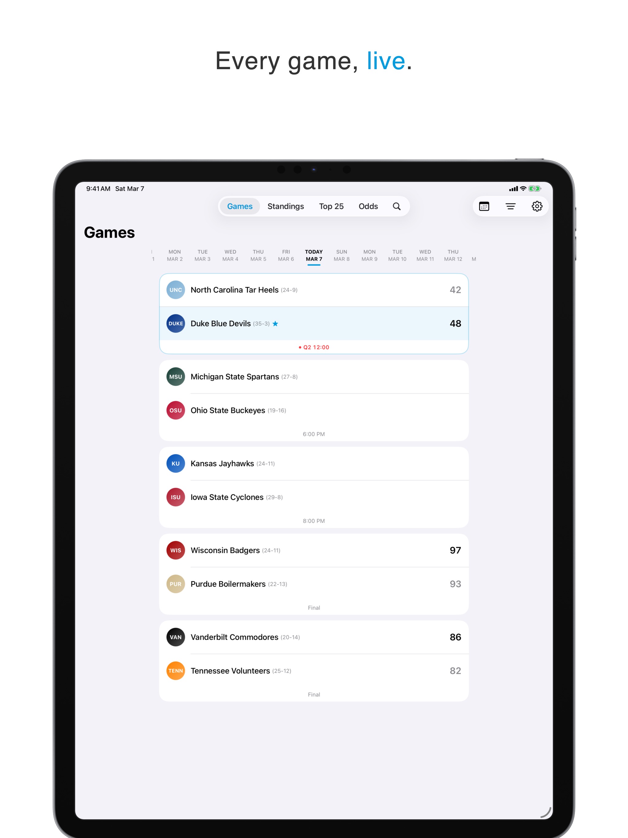 Every game, live on iPad with a wider layout.