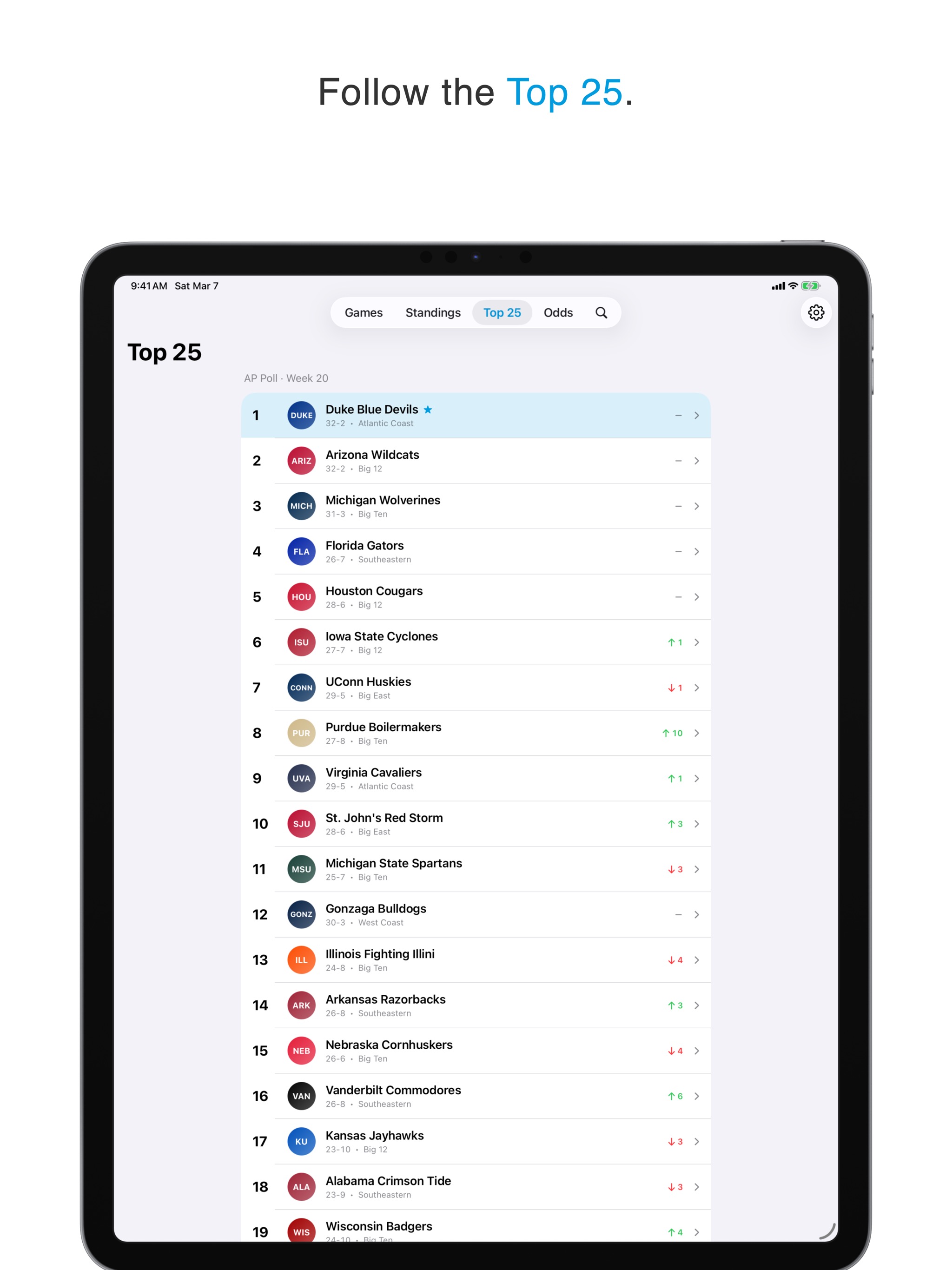 Follow the Top 25 on iPad.