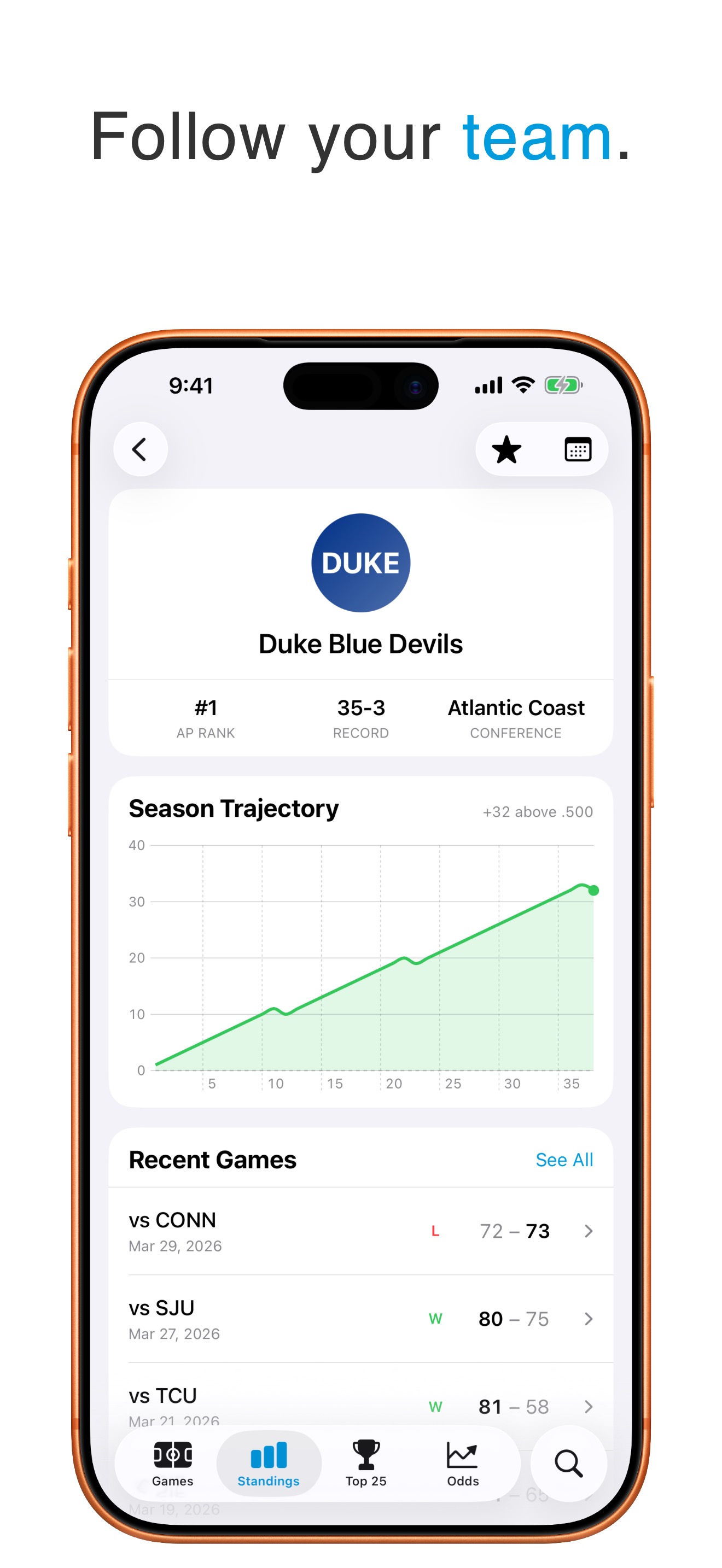 Every conference. Every rank. Standings tab with conference filter chips.